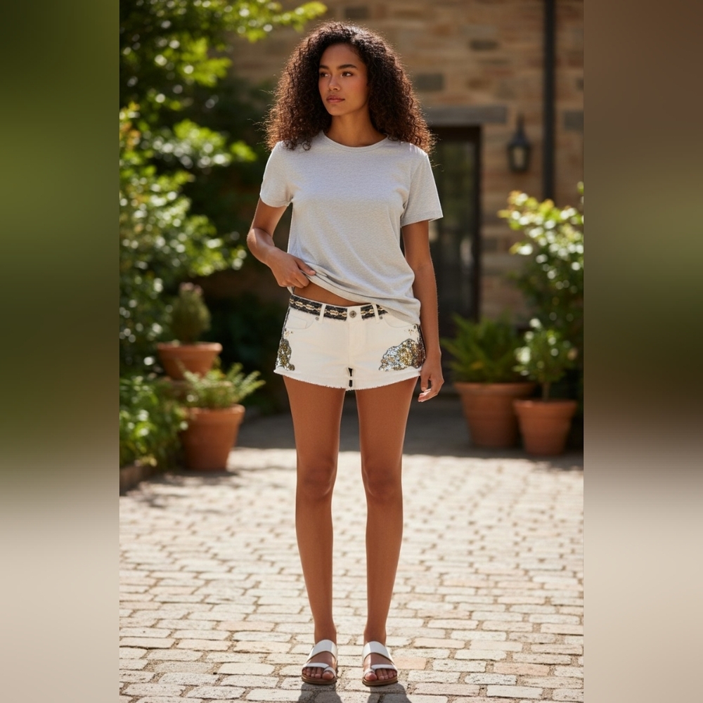 Express White and Gold Jean Shorts